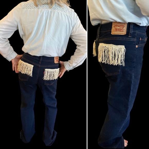 Levi's Denim - EKA Levi’s Fringe Pocket Blue Jeans Hand Upcycled By Erika Kelly Cowgirl chic